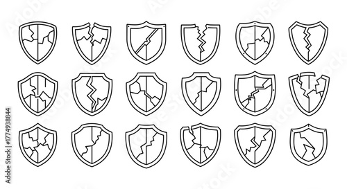 Vivid and dynamic cracked shield thin line icon, perfect for web, books, cards, and apps. This cartoon illustration features a stylized shield with a prominent crack, symbolizing vulnerability
