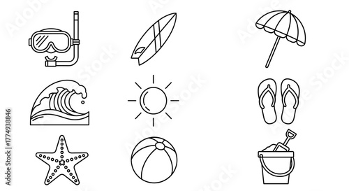 Vector cartoon illustration of a beach line icon pack featuring a diving mask, surfboard, umbrella, wave, sun, starfish, flip-flops, beach ball, and sand bucket, perfect for graphic and web design