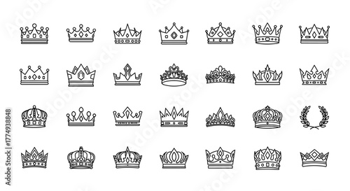 Collection of intricately designed crown icons in a clean line art style, perfect for graphic and web design projects, app interfaces, advertising materials, and various card designs. This vector