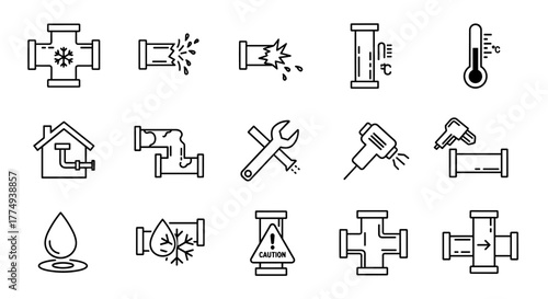 Collection of thin line icons representing frozen pipes, symbolizing winter, cold, plumbing issues, and potential damage, suitable for graphic design, web development, app interfaces, and advertising