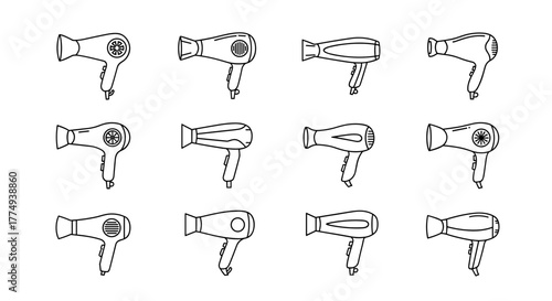Collection of twelve stylized outline illustrations of hair dryers, presented in a grid format on a clean white background, perfect for graphic design, web applications, and advertising materials