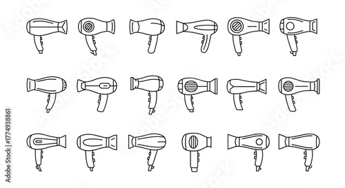 Collection of diverse hairdryer icons, presented as a clean, ordered set of line art illustrations on a white background, perfect for graphic design, app interfaces, and concept visualization