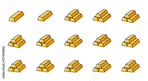 Collection of golden bars, symbolizing wealth and prosperity, presented in a clean, cartoon vector illustration with editable stroke, perfect for infographics, articles, books, flyers, and banners.