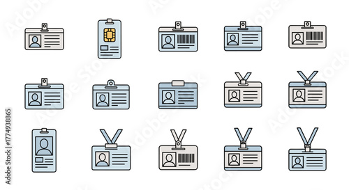Collection of simple, flat design employee ID badge icons with editable strokes, perfect for infographics, articles, books, flyers, banners, and vector cartoon illustrations. Features include