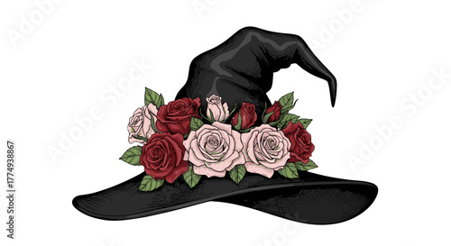 Enchanting Hand-Drawn Witch Hat Adorned with a Lush Garland of Red and Pink Roses, Perfect for Halloween and Mystical Themed Designs, Vector Illustration on Black Background