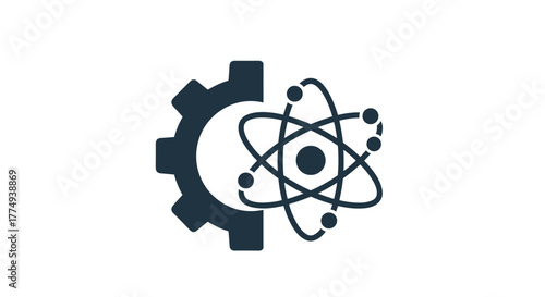 A striking dark blue graphic featuring a stylized atom with orbiting electrons superimposed on a large, dark blue gear, symbolizing the intersection of science, technology, and industry. This vector