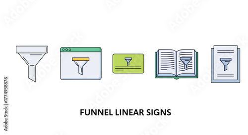 Set of five linear funnel icons representing data filtering, search, and organization, suitable for graphic design, web, cards, books, and articles, presented as a vector cartoon illustration with a