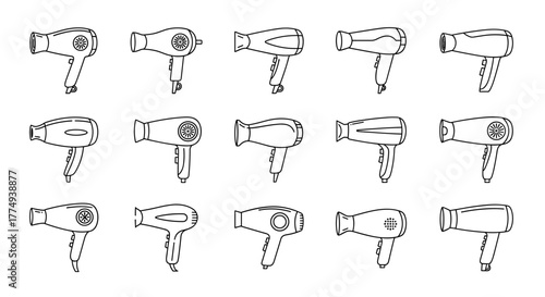 Collection of 15 diverse outline illustrations of hair dryers, presented in a grid format on a clean white background, perfect for graphic design, web applications, advertisements, and various card