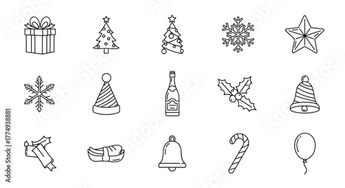 Collection of simple, isolated line icons representing various holiday elements, including a gift box, Christmas trees, snowflakes, a star, a party hat, champagne bottle, holly, bells, a scarf, a
