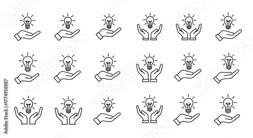 Modern outline style icon of a light bulb symbolizing ideas and innovation, held gently over open hands, representing creativity, inspiration, and support. This vector cartoon illustration is perfect
