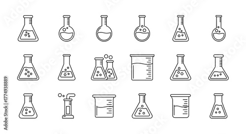 A collection of minimalistic white line icons representing various laboratory flasks and beakers, perfect for web design, graphic design, app interfaces, banners, social networks, and cards. This
