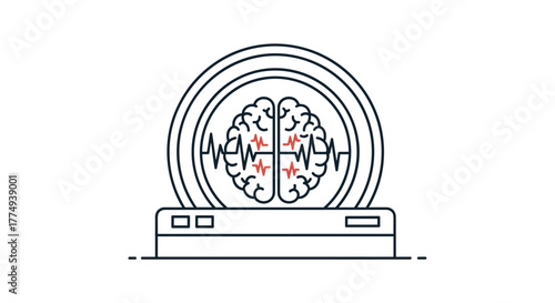 Abstract line art illustration of a brain scan icon, symbolizing mental health, medical diagnosis, and neurological activity with electrical wave patterns and red cross markers indicating stimulation
