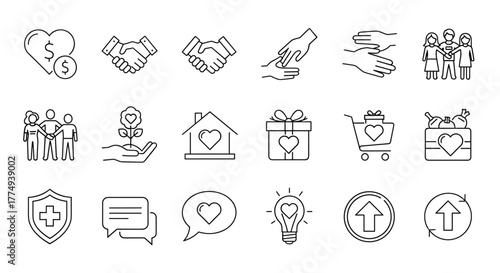 Charity line icon set: a collection of donate, volunteer, help, solidarity, and more, editable stroke, ordered line icons on white background, representing concepts like support, community, giving