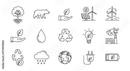 A comprehensive line icon set for environmental themes, showcasing nature, wildlife, renewable energy sources like solar and wind power, recycling symbols, water drops, and eco-friendly technology
