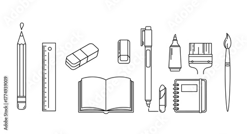 A minimalist line art vector illustration set showcasing essential drawing and writing tools, including a pencil, ruler, erasers, a liner marker, a highlighter, a sketchbook, a notebook, and a