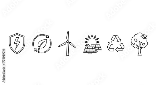 Set of clean line art icons representing eco-friendly energy and sustainability concepts, including a lightning bolt shield, renewable energy symbol, wind turbine, solar power, recycling logo, and a