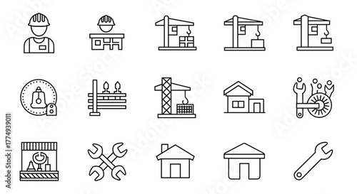 Construction thin line icons set featuring a builder, design elements, crane, tools, house, and repair symbols, representing the building industry with editable strokes and vector format for