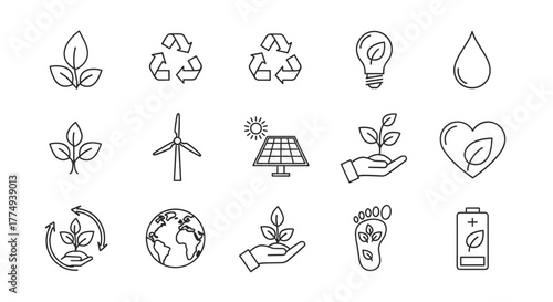Set of eco-friendly icons, including a seedling, recycling symbol, lightbulb with leaf, water drop, windmill, solar panel, hand holding plant, heart with leaf, earth, footprint, and battery