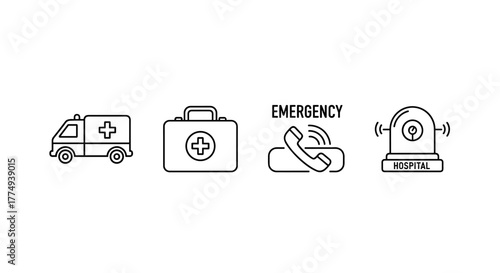 A clean and modern line art icon set representing emergency services, featuring an ambulance, a first aid kit, an emergency call symbol, and a hospital alarm, all isolated on a white background for
