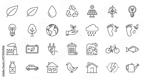 Ecology and environment sustainability thin line icon set, symbolizing nature conservation, renewable energy, and eco-friendly lifestyle choices, presented on a clean white background with editable