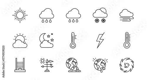 Meteorology line editable icon set featuring various weather conditions including overcast, sunny, rainy, snowy, windy, climate change, and more, presented as a clean and modern graphic resource for