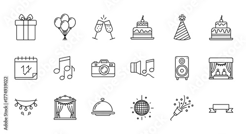A meticulously curated collection of minimalist line icons, showcasing essential elements for event planning and festive decorations, presented on a clean white background for versatile application