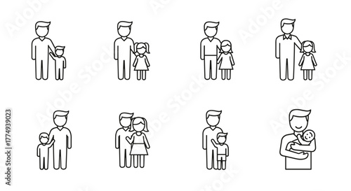 Father and child line icon set, depicting dad with son, daughter, and baby, symbolizing fatherhood, parenting, and family life. These ordered vector outline symbols represent various stages and forms