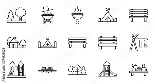 Park icon set featuring forest, barbecue, camp, bench, picnic, and playground elements, representing park leisure and outdoor activity symbols in a clean, solid icon collection, perfect for travel