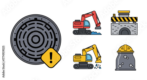 Collection of flat vector illustrations depicting elements of a sewage system, including a manhole cover with an exclamation mark warning sign, two excavators digging, a construction site entrance