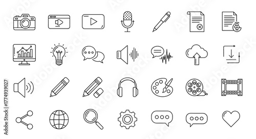 A comprehensive set of outline icons representing content creation, media production, and digital communication, featuring a clean linear design with editable strokes, perfect for web, app, and