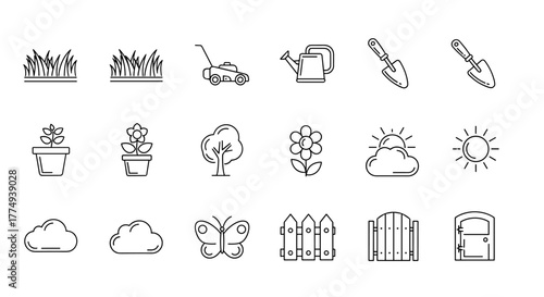 Set of line icons related to grass, lawn, field, garden, landscape, growth, herbs, pasture, and turf, featuring editable strokes and vector illustration for a clean, ordered presentation of nature