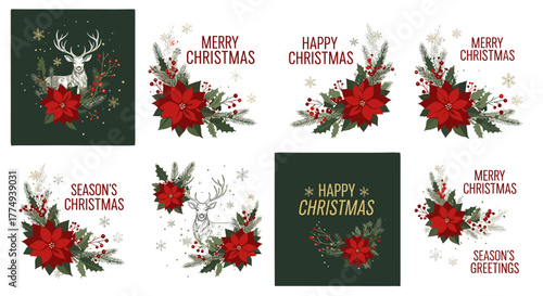 Set of eight Merry Christmas greeting cards featuring a modern and beautiful Xmas design with hand-drawn Poinsettia flowers, holly berries, fir branches, snowflakes, and a majestic deer, perfect for
