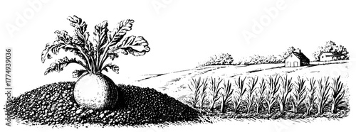 Engraved vector illustration of a turnip growing in rich soil near a field with corn and a quaint farmhouse