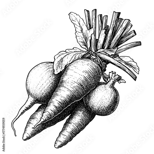 Engraved illustration set featuring organic carrots and radishes with lush green tops in a detailed vector design bundle