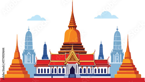 Majestic Thai temple architecture featuring prominent golden spires