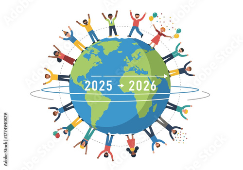 Global Unity Celebrating Year Transition: Crowd of People Around the 2025-2026 Equator Line