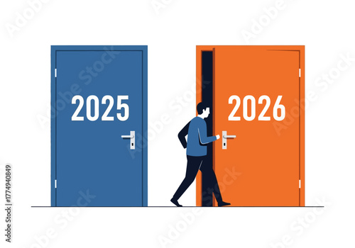 Male Figure Stepping to the Orange Door: Year Transition with Decisive Action 