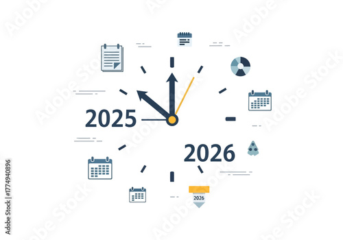 Year Transition Clock with Planning Icons: Counting Down Towards 2026 Midnight 