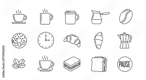 A diverse collection of line art icons representing a coffee break, featuring steaming coffee cups, a clock, a croissant, a donut, coffee beans, a sandwich, toast, and a pause button, perfect for