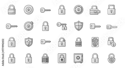 Bundle of Lock-Related Line Icons: A comprehensive collection of door and padlock outline signs, perfect for graphic and web design, apps, adverts, and various cards. This vector cartoon illustration