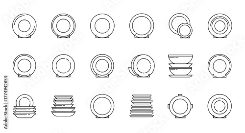Bundle of minimalistic linear icons representing plates and bowls, perfect for web and graphic design, apps, banners, social networks, and cards. This collection features clean, modern line art