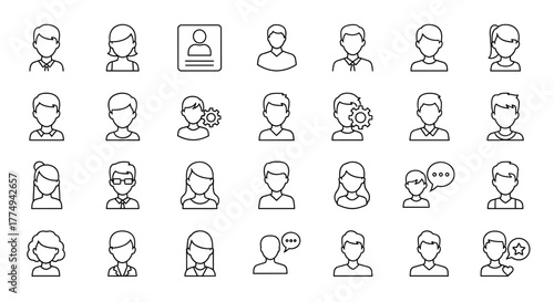 Collection of various avatars and user profile icons in a clean, modern outline style, perfect for graphic and web design, app interfaces, advertisements, and business cards. This vector illustration