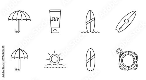Collection of minimalist line art icons representing summer and beach essentials: umbrellas for rain protection, sunscreen for sun safety, surfboards for water sports, and a lifeline for safety, all