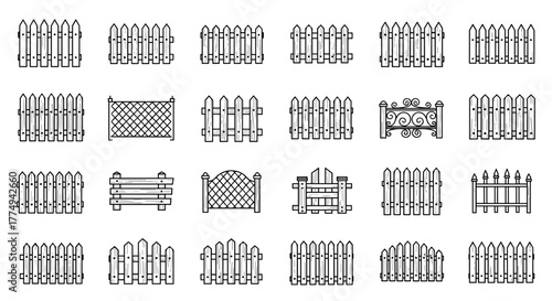 Collection of outline symbols of fences, hand-drawn with thin lines, perfect for apps, websites, banners, infographics, and various design projects. This vector cartoon illustration features a