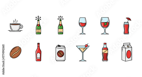 Collection of diverse beverage icons including hot coffee, sparkling champagne, red wine, cocktail, soft drink, soda can, coffee bean, and milk carton, perfect for infographics, articles, books