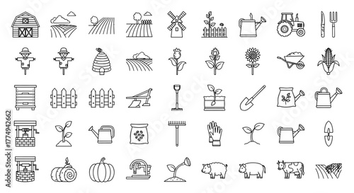 Collection of outline signs of field, farm, and garden, drawn with thin lines, perfect for apps, websites, banners, infographics, and various design projects, representing agriculture and rural life