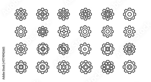 Set of 24 minimalistic line icons representing various cogwheels and gears, perfect for web and graphic design, apps, banners, social networks, and cards. This vector cartoon illustration features a