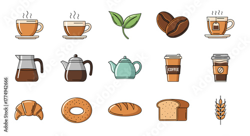 A vibrant collection of line icons representing coffee and tea culture, featuring steaming cups, coffee beans, teapots, coffee carafes, takeaway coffee cups, croissants, bagels, bread loaves, and