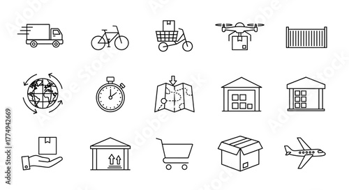 Delivery and Transportation Thin Line Icon Set: A comprehensive collection of outline signs for graphic and web design, apps, adverts, and various cards, featuring a vector cartoon illustration style