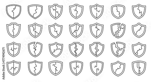 Collection of cracked shield icons in a vector cartoon illustration style, hand-drawn with thin white lines on a black background, representing vulnerability, broken protection, and security